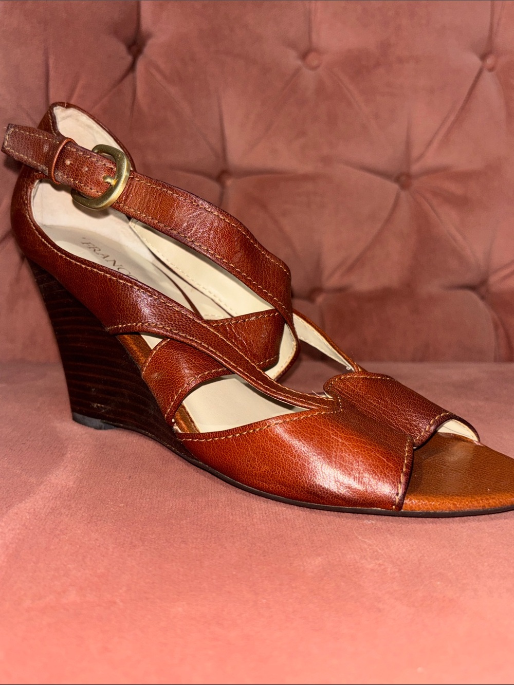 Franco Sarto heels open toe strappy leather wooden narrow wedge women’s 8.5 - Picture 1 of 16
